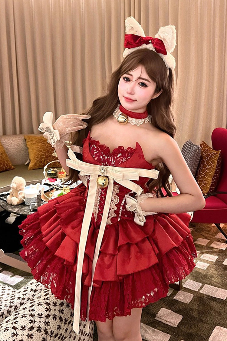 Red [Holiday Lovers] Sleeveless Triple-Layered Ruffle Hollow Bowknot Lace-Up Princess Ballet Sweet Lolita Dress - Red - 1