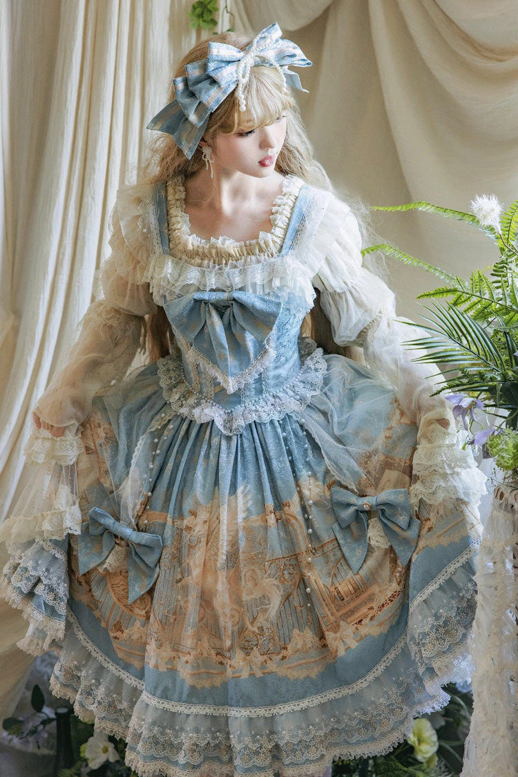 Blue [Unicorn] Print Sleeveless Multi-Layered Embroidery Bowknot Lace Sweet Lolita Jsk Dress - Product - 11