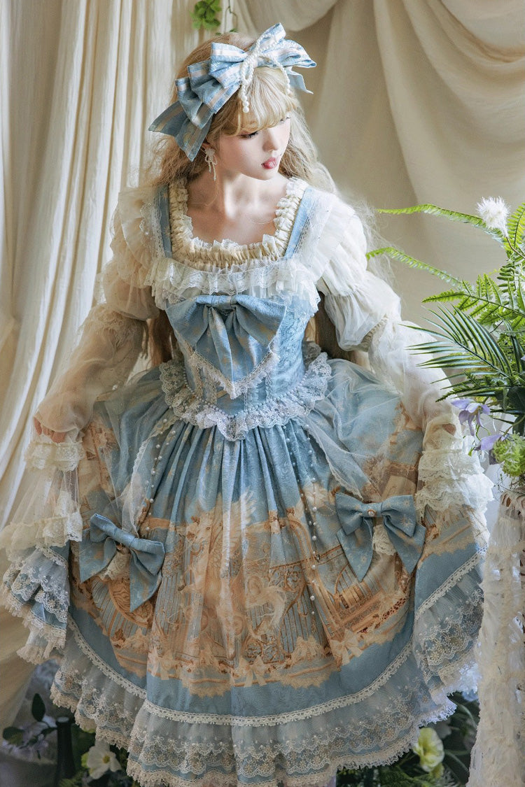 Blue Unicorn Print Sleeveless Multi-Layered Embroidery Bowknot Lace Sweet (Dress Only) detail view 11