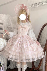 Pink [Sweetheart Diary] Multi-Layered Ruffle Hanayome Embroidery Bowknot Lace Sweet Lolita Jsk Dress - Product - 15