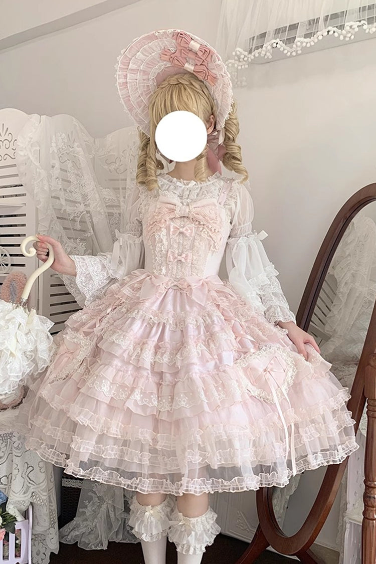 Pink [Sweetheart Diary] Multi-Layered Ruffle Hanayome Embroidery Bowknot Lace Sweet Lolita Jsk Dress - Product - 15