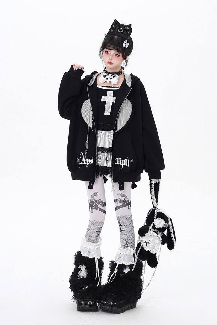 [Striped Bunny Ears] Long Sleeves Heart Print Embroidery Hooded Zipper Sweet Jirai Kei Cool Lolita Coat 2 Colors - Product - 7