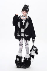 [Striped Bunny Ears] Long Sleeves Heart Print Embroidery Hooded Zipper Sweet Jirai Kei Cool Lolita Coat 2 Colors - Product - 7