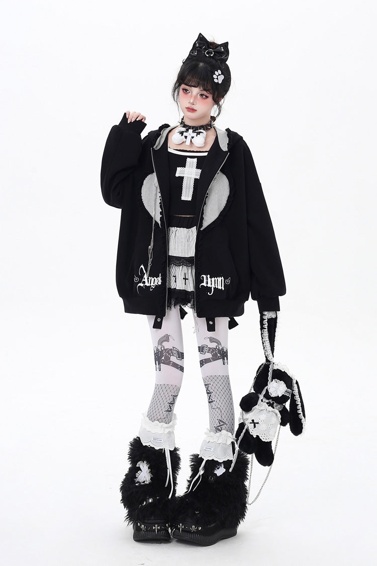 [Striped Bunny Ears] Long Sleeves Heart Print Embroidery Hooded Zipper Sweet Jirai Kei Cool Lolita Coat 2 Colors - Product - 7