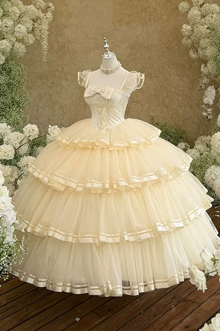 Apricot [Sweet Organza Satin] Sleeveless Multi-Layered Ruffled Hanayome Bow Lace Sweet Elegant Princess Lolita Jsk Dress - Product - 2