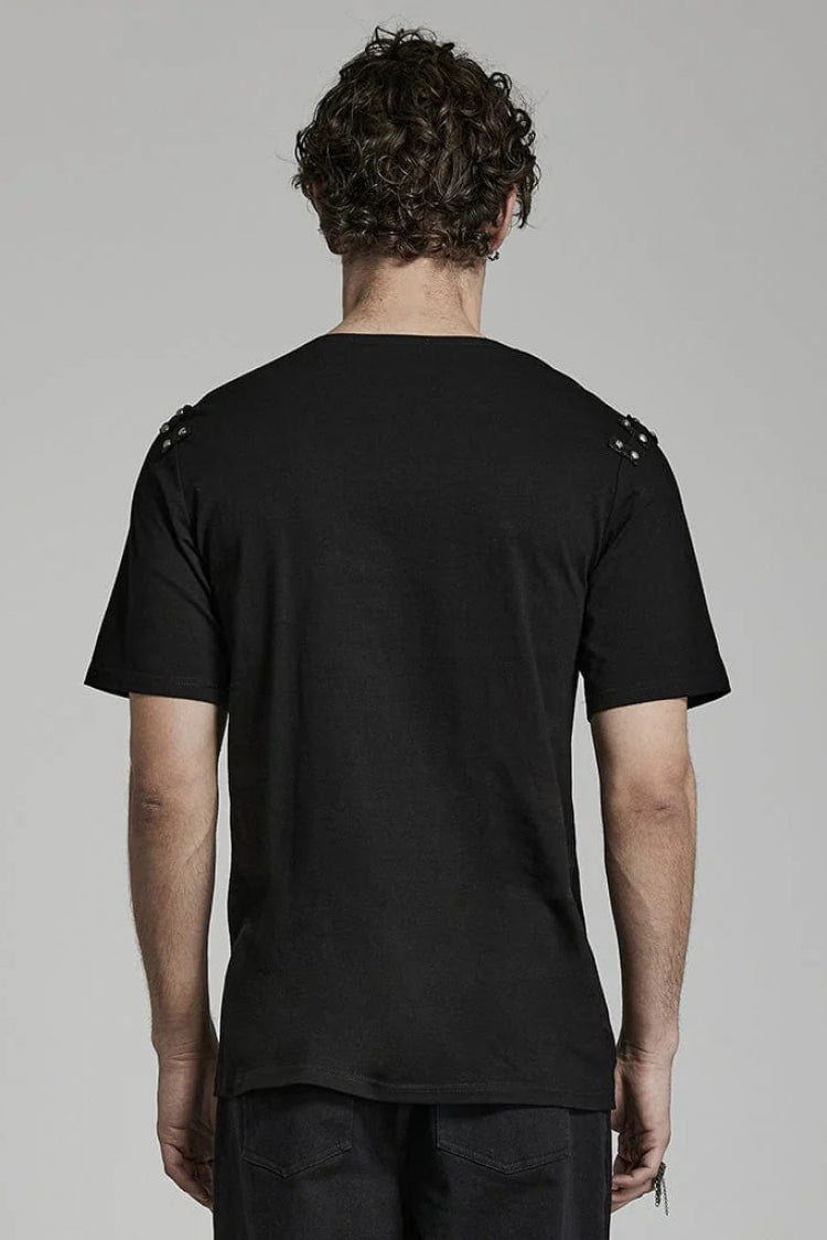 ブラック 半袖 アシンメトリー メンズ デイリー スチームパンク T-シャツ 商品画像