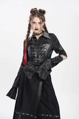 Black Lapel Collar Long Sleeves Print Lace-Up Cutout Women's Punk Blouse - Product - 5