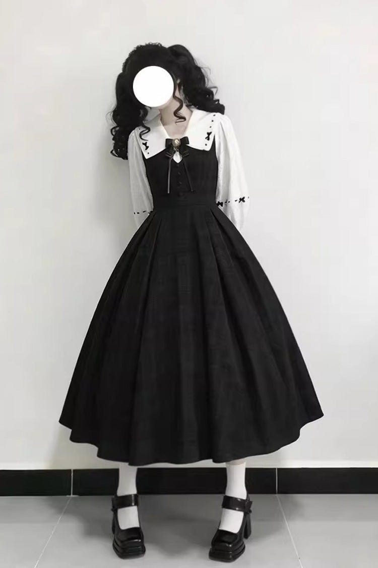 Black Lapel Collar Long Sleeves Ruffled Bow Sweet Lolita Jumper Dress Set - Product - 4