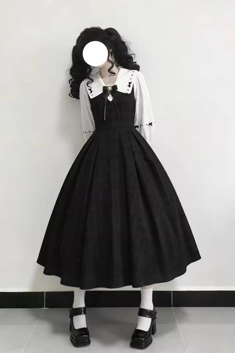 Black Lapel Collar Long Sleeves Ruffled Bow Sweet Lolita Jumper Dress Set - Product - 4