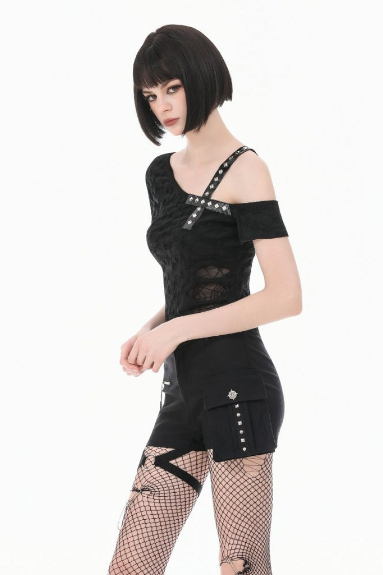 Black Off Shoulder Short Sleeves Studded Cross Straps Asymmetric Women's Punk Top - Product - 2