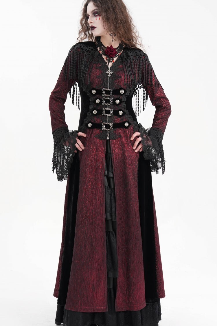 Red Buckle-up Tassels Women's Gothic Jacket with Hood - Red - 1