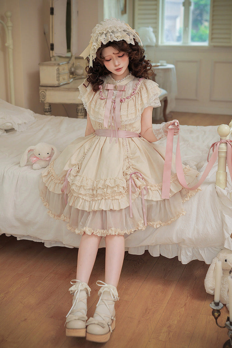 Apricot [Lily's Dream] Stand Collar Short Sleeves Loose-Fit Doll-Like Multi-Layered Ruffled Bow Lace Sweet Lolita Dress 2 Versions - Product - 20