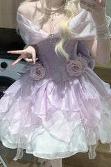 [Heartbeat] Off Shoulder Multi-Layered Ruffle Bowknot Lace Princess Gorgeous Dream Sweet Lolita Dress 2 Colors - Product - 8