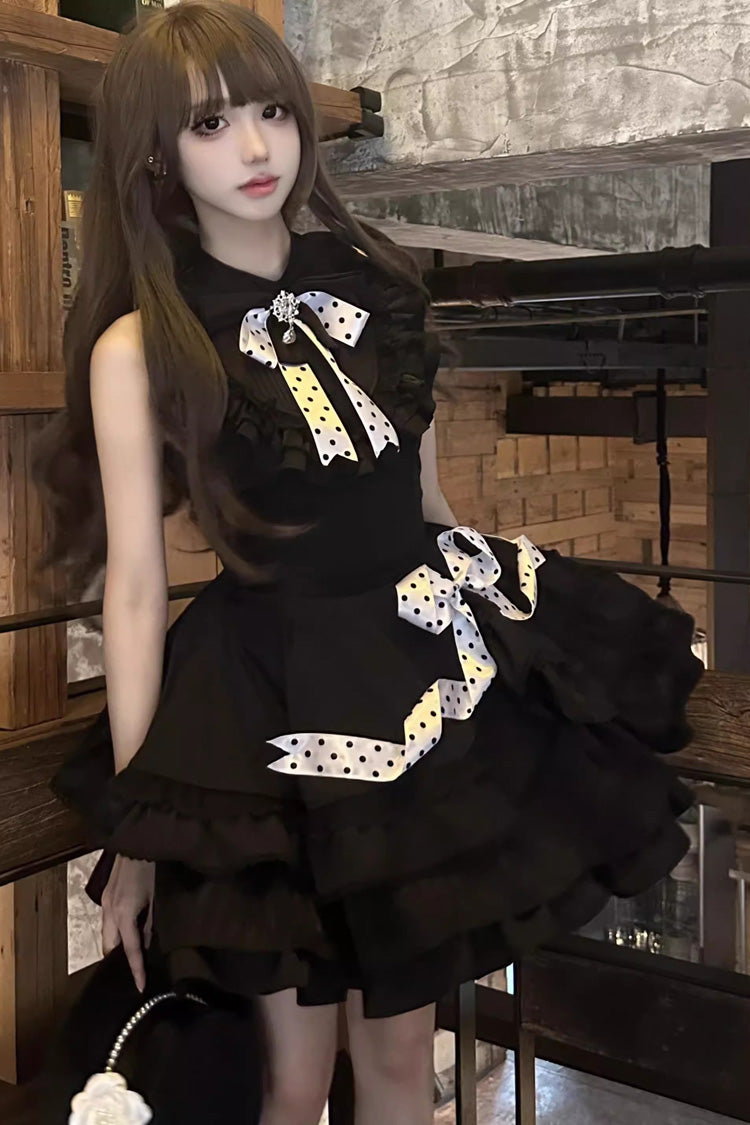 Black Multi-Layered Polka Dots Print Ruffle Bowknot Gothic Lolita Dress - Product - 2