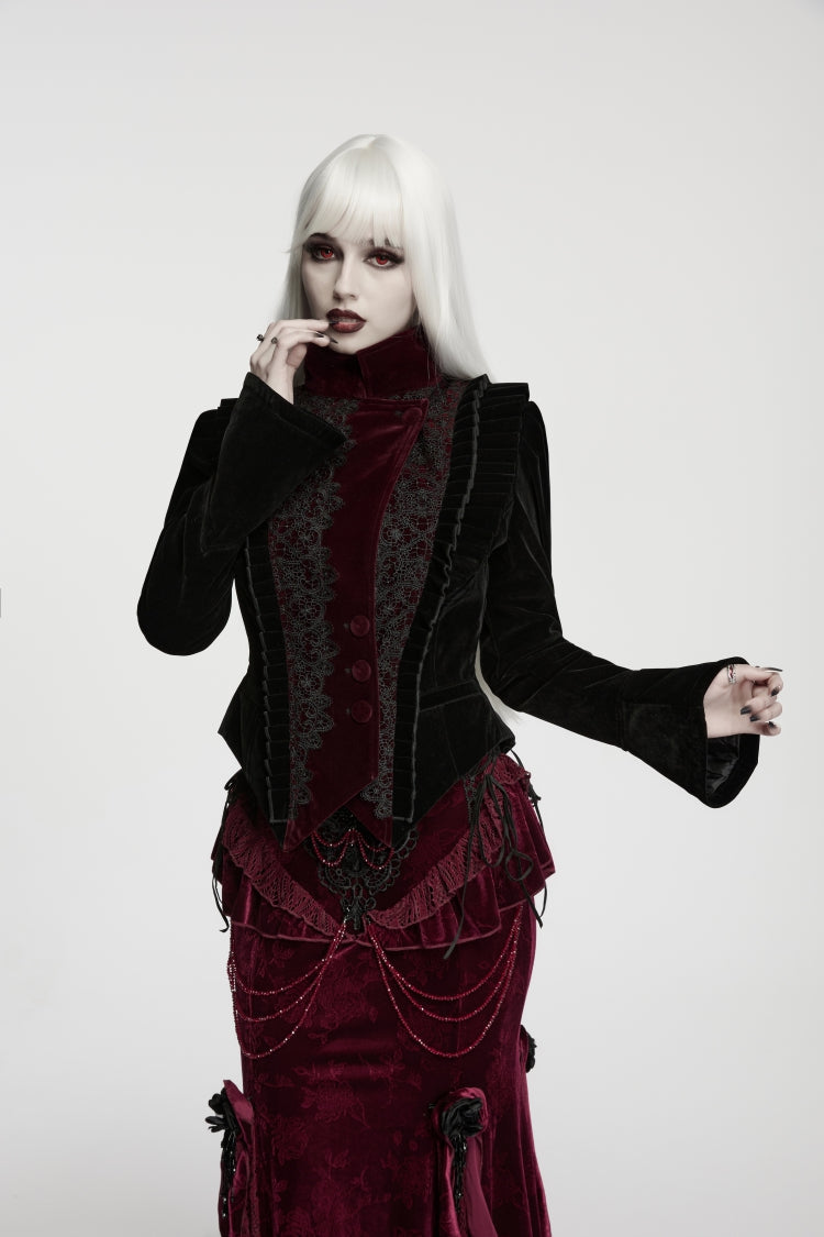Black/Red Lapel Collar Long Trumpet Sleeves Lace Lace-Up Asymmetric Color-Blocked Women's Gothic Elegant Luxurious Royal Velvet Coat - Black/Red - 1