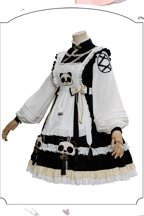 Black/White High Neck Lantern Sleeves Multi-Layer Ruffled Panda Bun Shop Sweet Lolita Op Dress - Product - 7