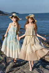 [Summer of Bluebells] Square Collar Sleeveless Jacquard Ruffled Asymmetric Sweet Lolita Skirt Set 2 Colors (Blue/Green, Ivory) - Product - 12