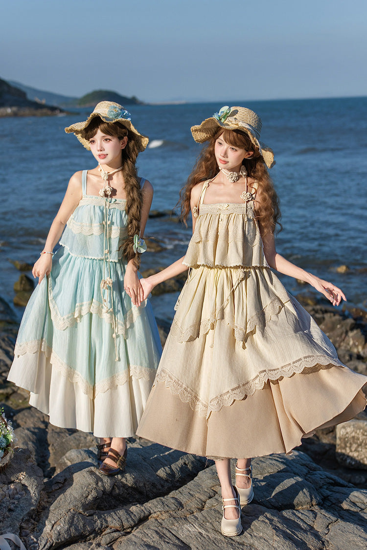 [Summer of Bluebells] Square Collar Sleeveless Jacquard Ruffled Asymmetric Sweet Lolita Skirt Set 2 Colors (Blue/Green, Ivory) - Product - 12