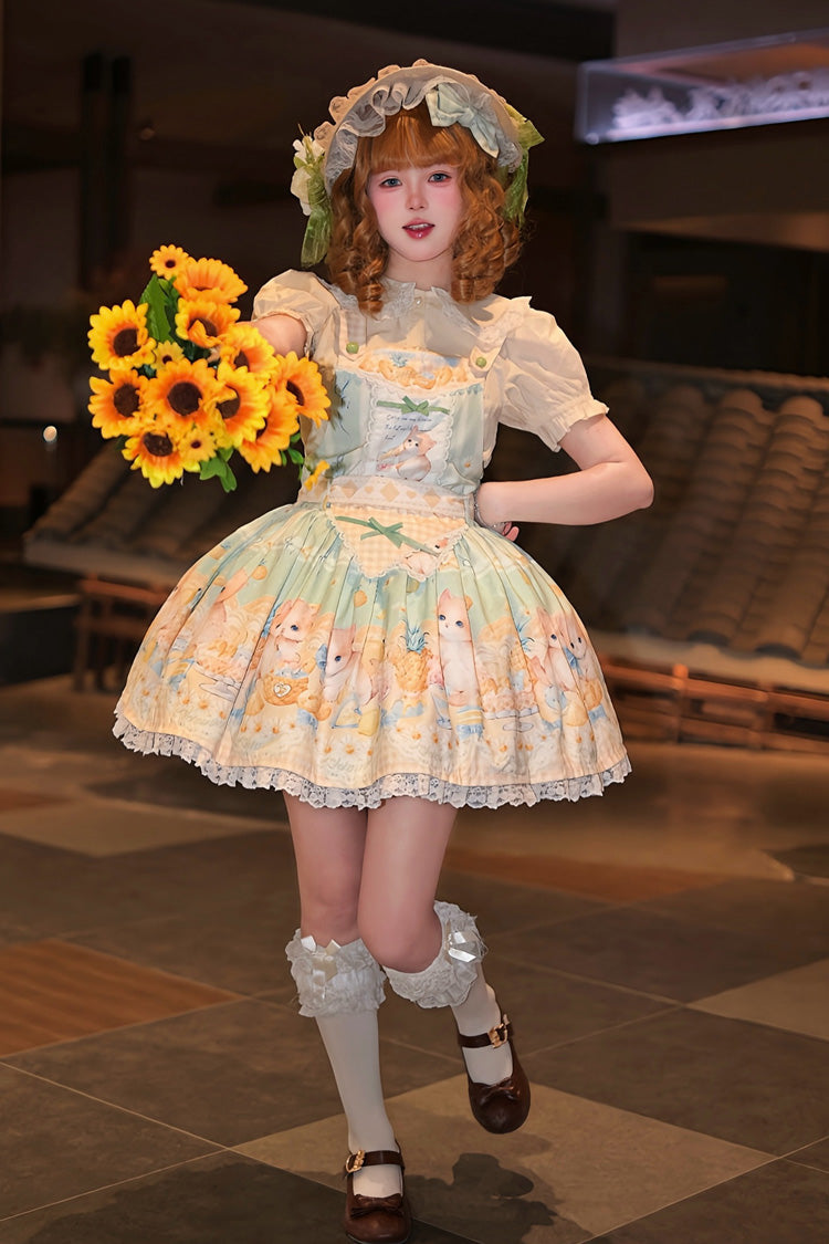 Green [Pineapple Cat] Print Sleeveless Bowknot Lace Sweet Lolita Strap Dress - Product - 2