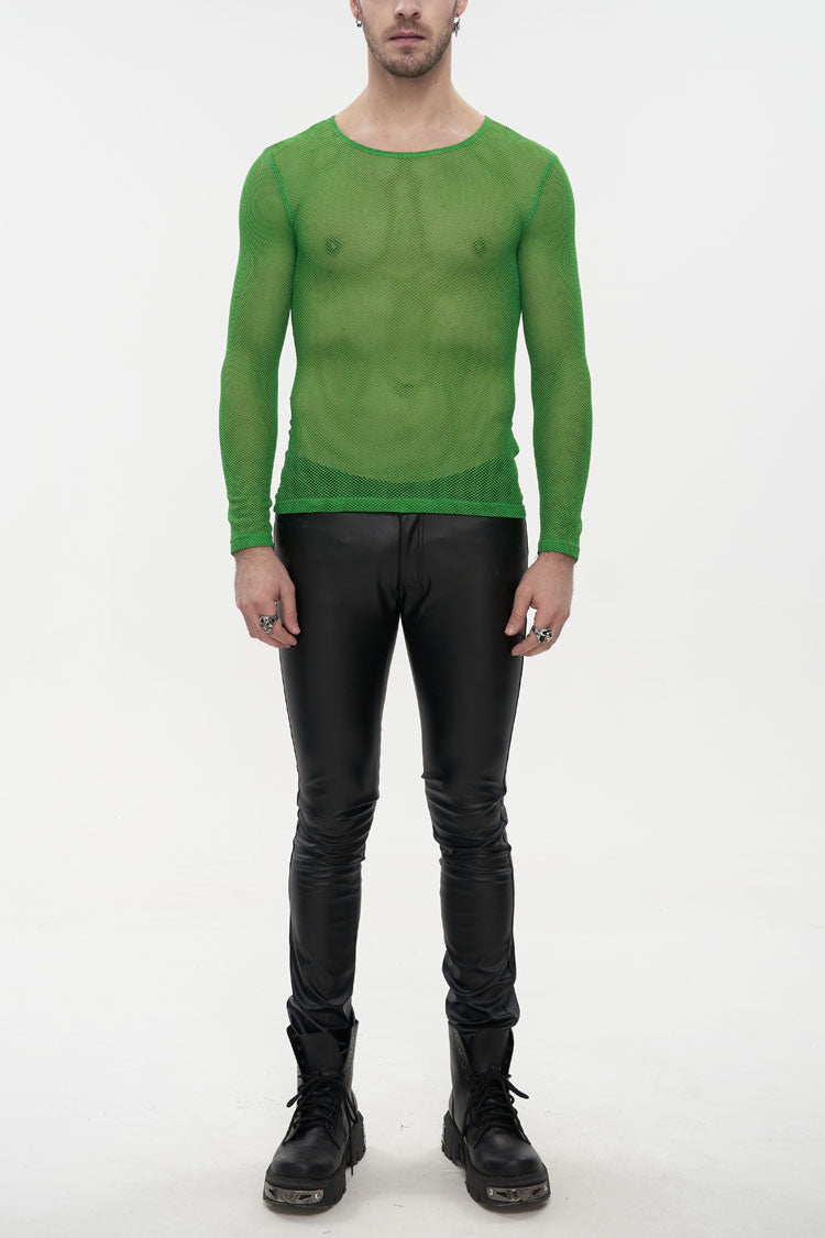 Green Elasticity High Neck Long Sleeve Mesh Men's Gothic T-Shirt - Green - 1