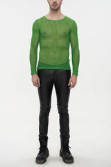 Green Elasticity High Neck Long Sleeve Mesh Men's Gothic T-Shirt - Green - 1
