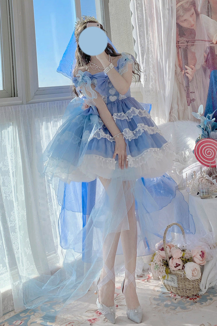 Blue Multi-Layered Ruffled Hanayome Bow Pearl-Decorated Sweet Lolita Jsk Dress Full Set 2 Versions - Product - 8