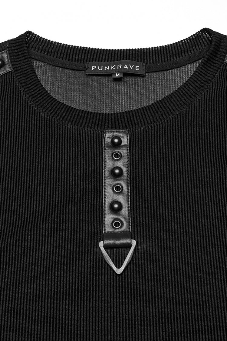Black Round Collar Sheer Mesh Color Matching Rivet Men's Punk Vest - Product - 6