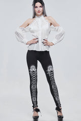 Black/White Gothic Printed Decoration Tie-Rope Elasticity Women's Leggings - Product - 10