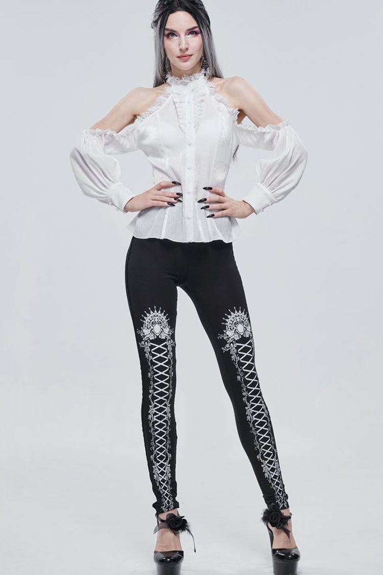 Black/White Gothic Printed Decoration Tie-Rope Elasticity Women's Leggings - Product - 10