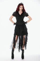 Black Deep V Collar Short Puff Sleeves Multi-Layered Ruffled Lace Sheer Women's Gothic Blouse - Product - 6