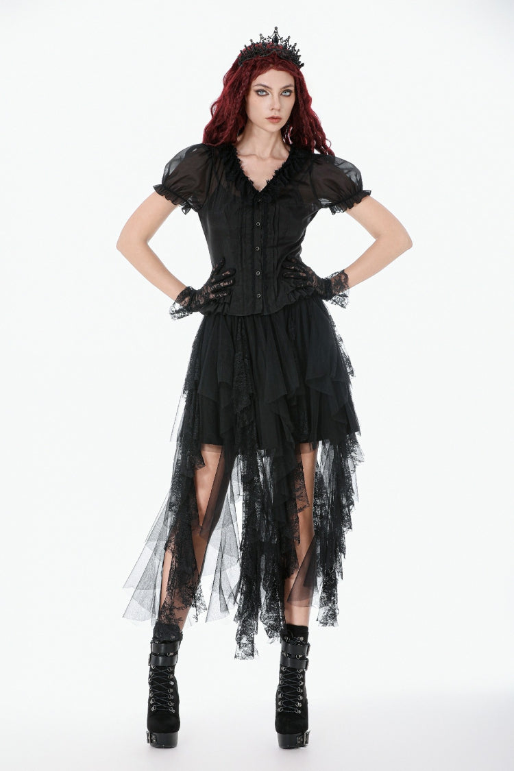 Black Deep V Collar Short Puff Sleeves Multi-Layered Ruffled Lace Sheer Women's Gothic Blouse - Product - 6