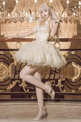 Champagne [Cream Polka Dots] Sleeveless Jacquard Bowknot Slim Sweet Ballet Lolita Skirt Dress - Product - 8