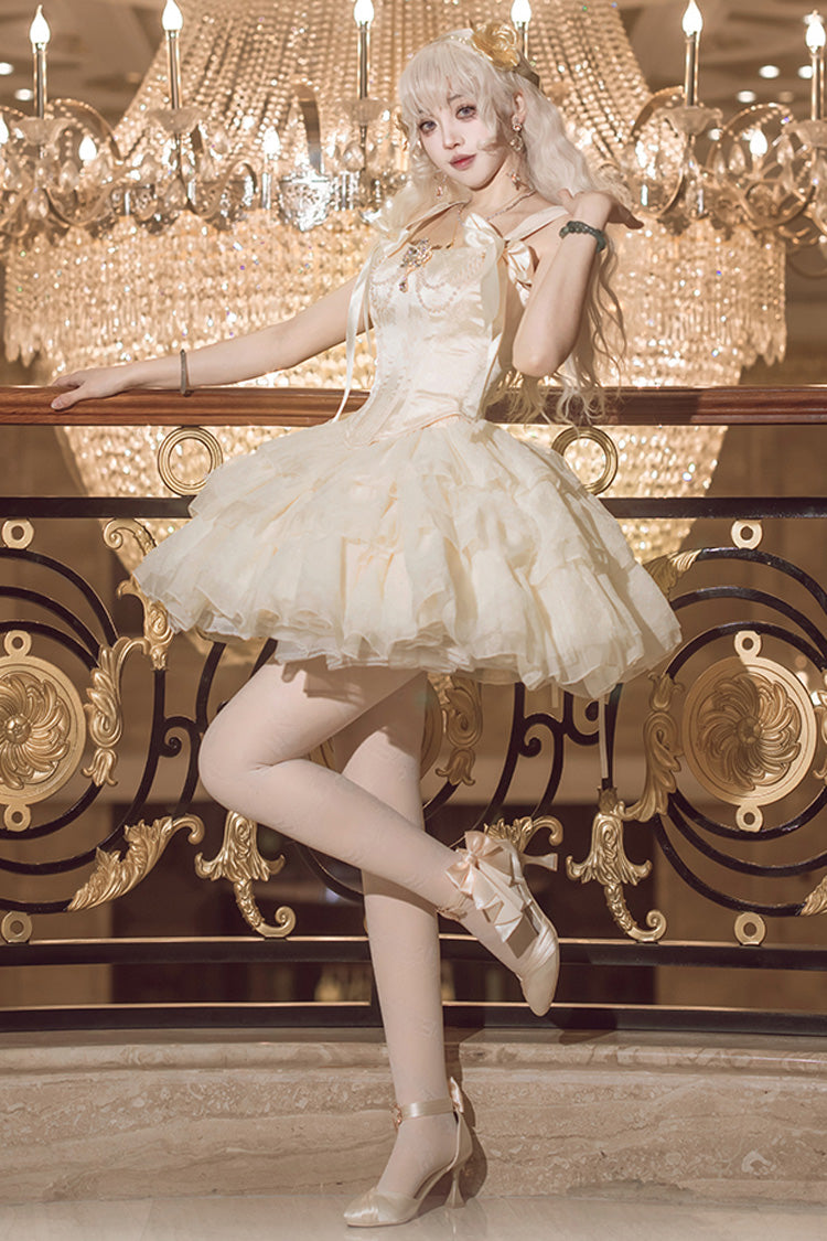 Champagne [Cream Polka Dots] Sleeveless Jacquard Bowknot Slim Sweet Ballet Lolita Skirt Dress - Product - 8