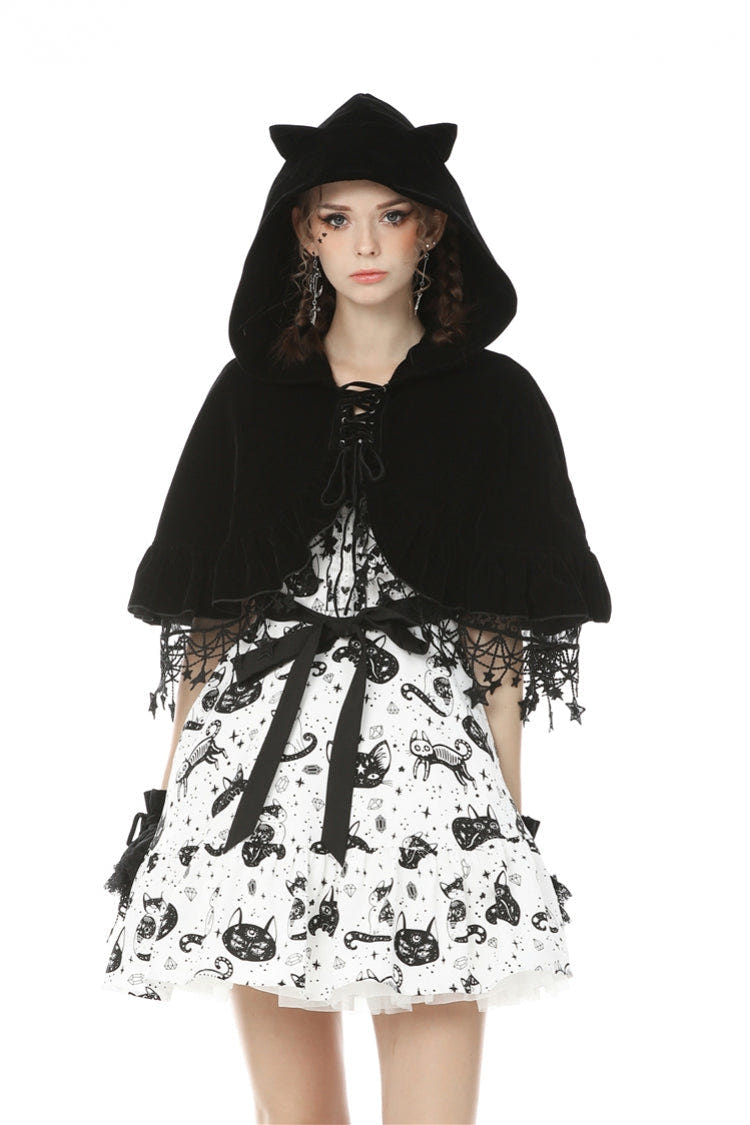 Black Lace-Up Women's Lolita Cat Ears Hooded Cape with Star Tassels - Black - 1