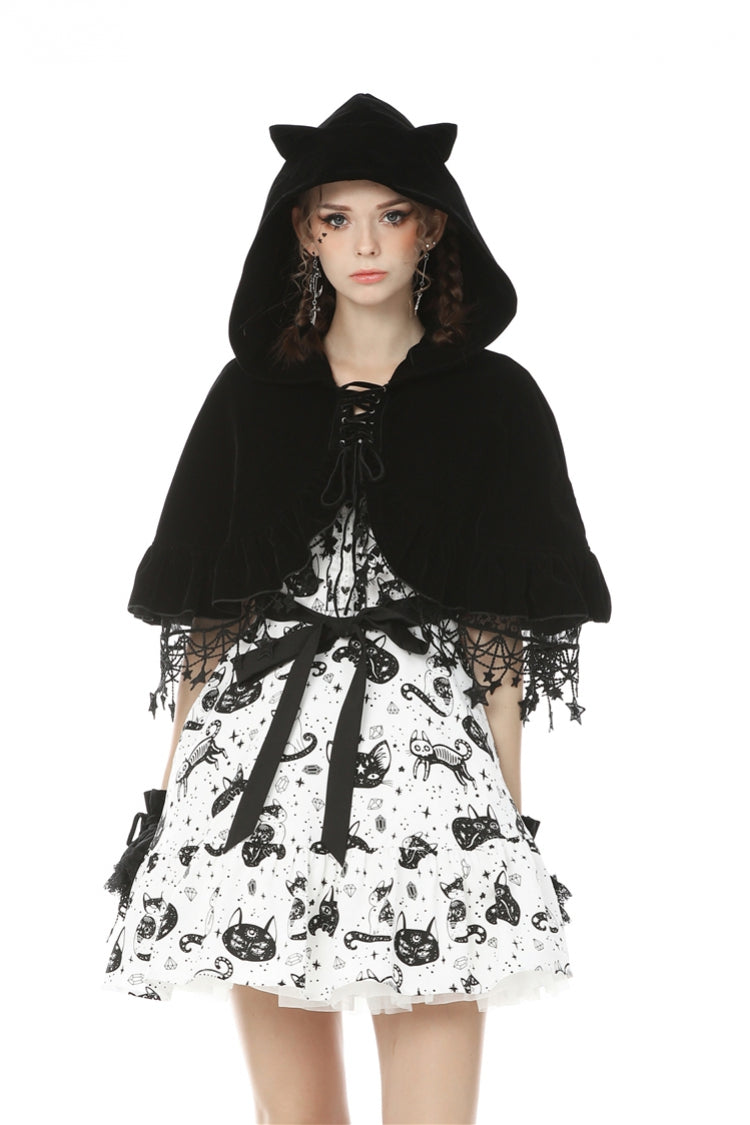 Black Lace-Up Women's Lolita Cat Ears Hooded Cape with Star Tassels - Black - 1