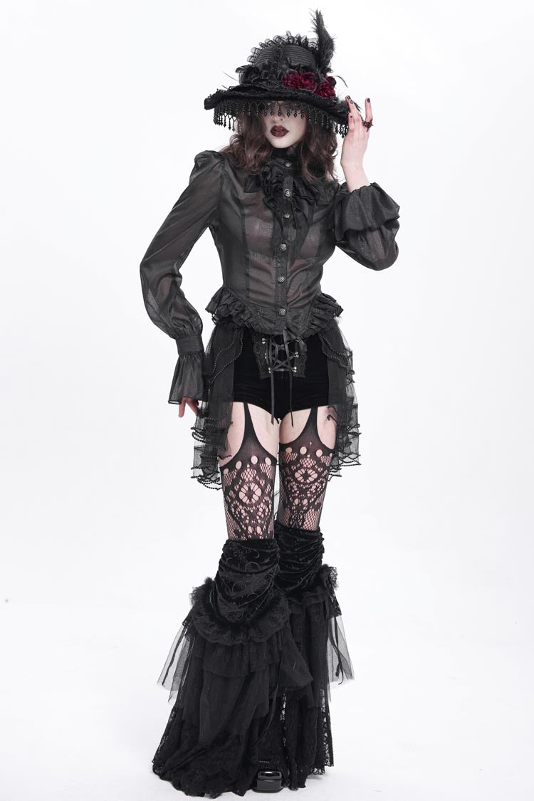Black Ruffle Stitching Lace-Up Mesh Women's Gothic Shorts - Product - 8