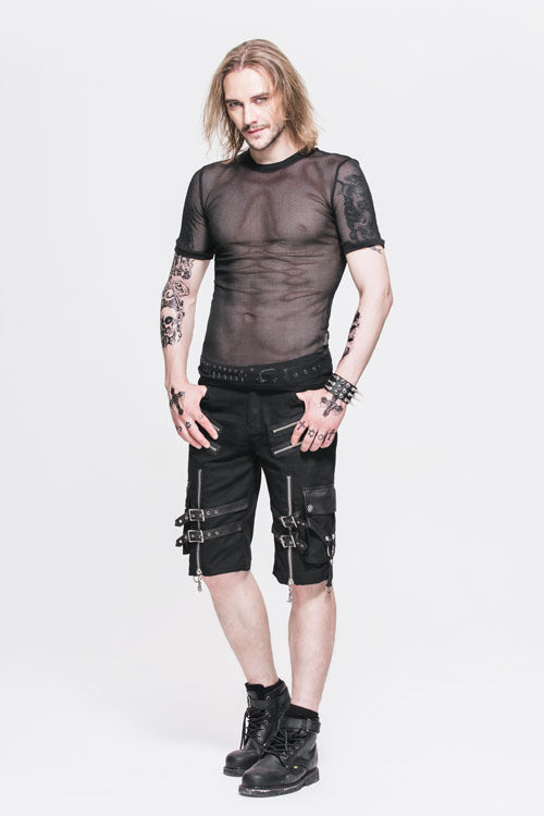 Black Diamond Shaped Mesh Round Neck Short Sleeves Punk Mens Tops T-Shirt - Product - 4
