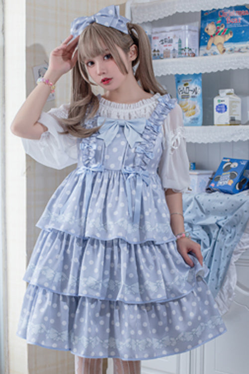 Dot Print Multi-Layer Ruffled High Waist Sweet Lolita JSK Dress - Blue - 5