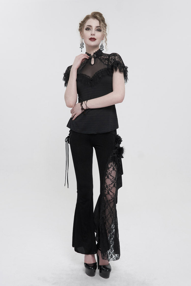 Black Velvet Single Side Stitching Rose Net Side Rope Decoration Asymmetric Pattern Flare Women's Gothic Pants - Product - 6