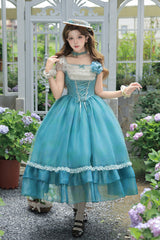 Blue/Green [Water Lily] Square Collar Ruffled Lace-Up Sweet Royal Lolita Dress 2 Versions - Product - 3