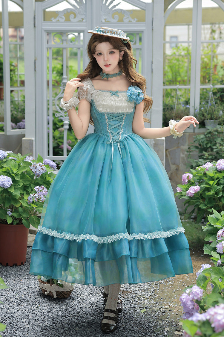 Blue/Green [Water Lily] Square Collar Ruffled Lace-Up Sweet Royal Lolita Dress 2 Versions - Product - 3