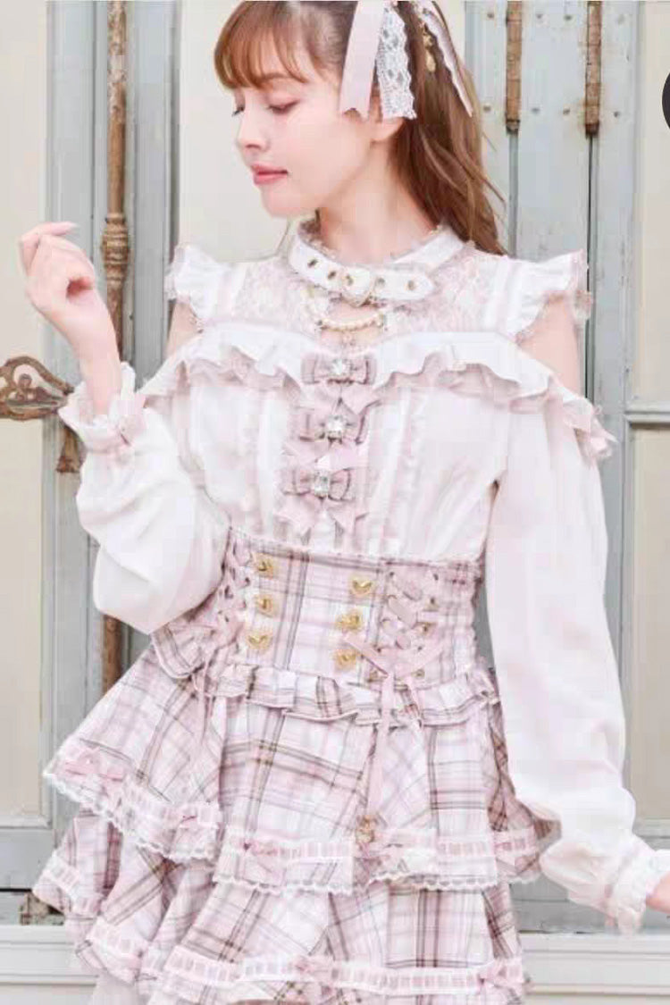 Sweet Jirai Kei Choker Neck Off Shoulder Bowknot Lace Japanese Blouse 3 Colors - Product - 4