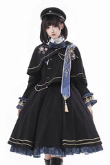 Black [Breaking Dawn] Stand Collar Long Sleeves Ruffle Gothic College Style Elegant Lolita Dress - Black - 1