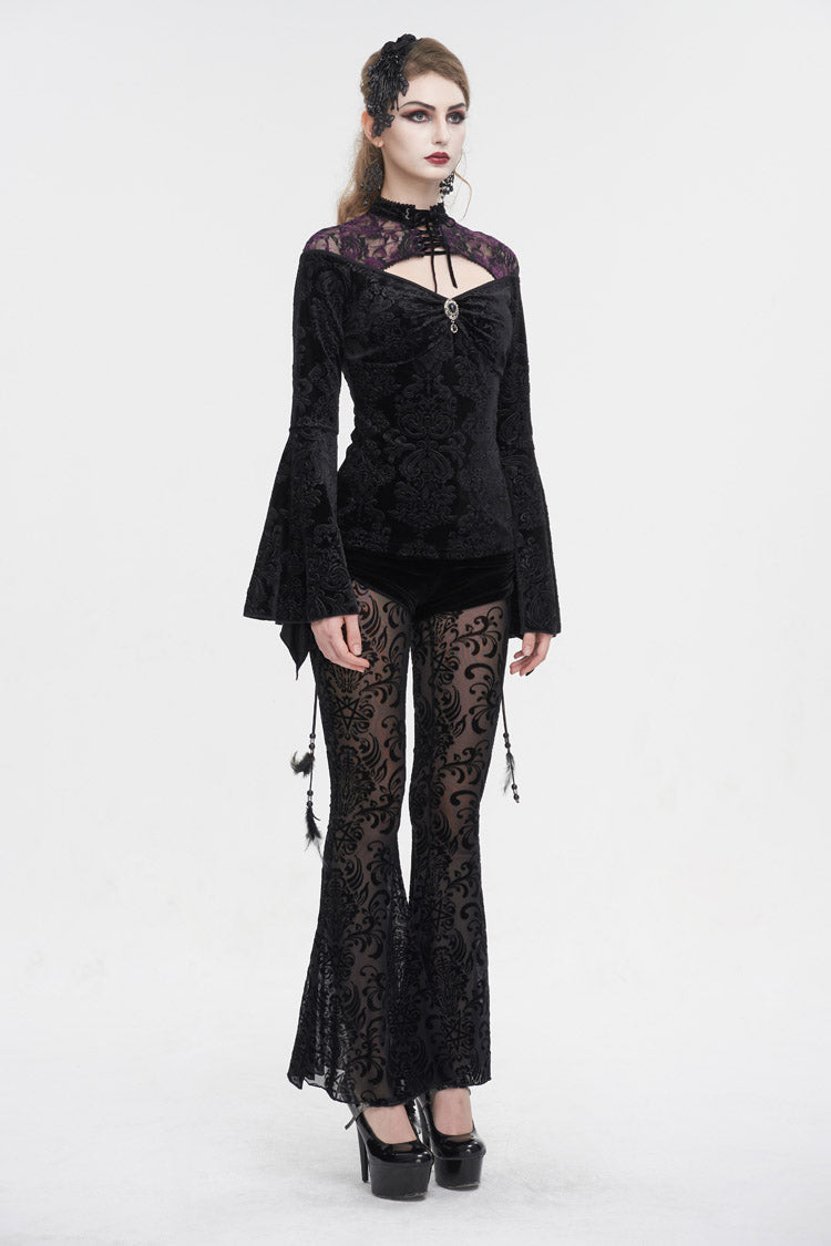 Black Cutout Flared Sleeved Floral Embossed Women's Gothic Shirt - Product - 6
