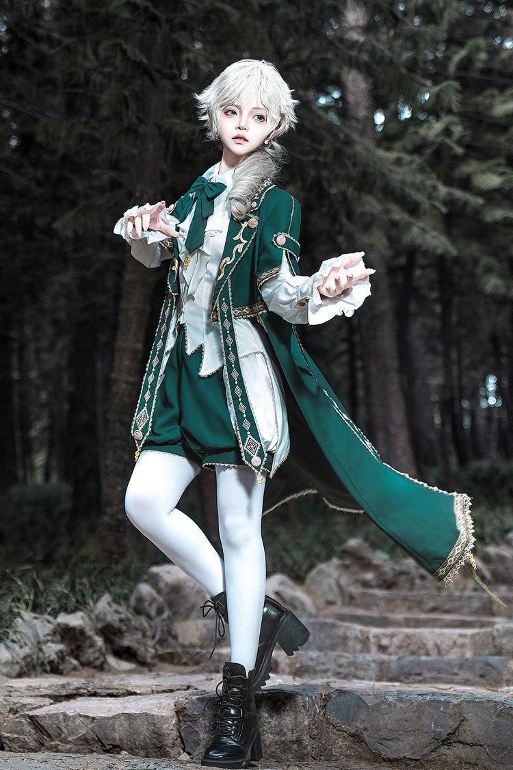 Green [Theocratic Messenger] Embroidery Classic Military Gorgeous Handsome Ouji Lolita Coat Blouse Shorts Set - Product - 2