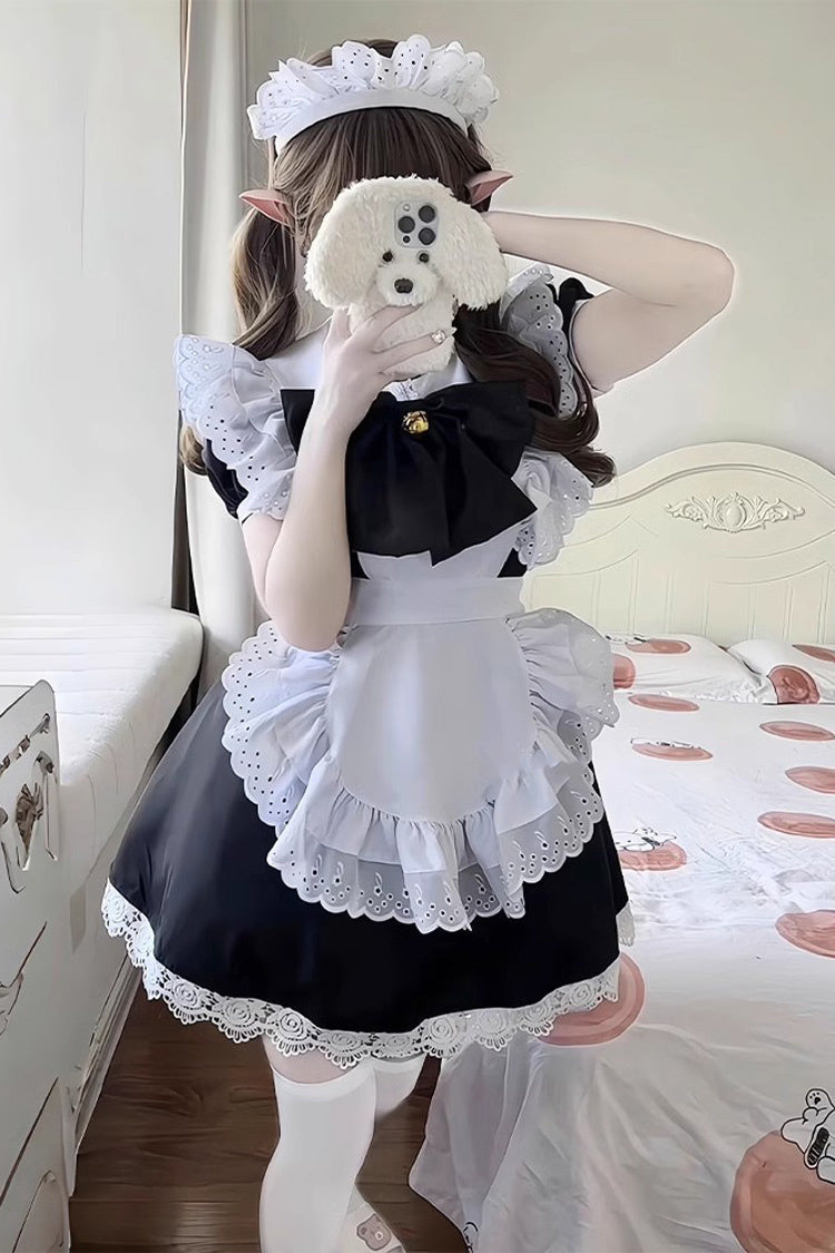 Maid Short Sleeves Ruffle Bowknot Sweet Plus Size Lolita Dress Full Set 2 Colors - Black/White - 1