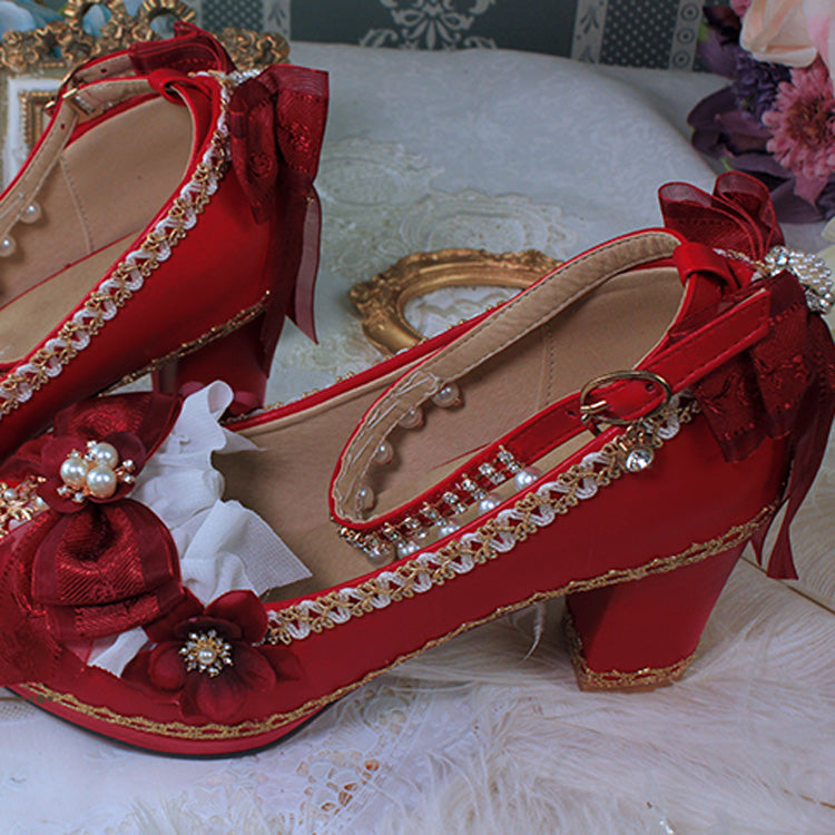 Bowknot Lace Sweet Lolita High Heels 6 Colors - Red - 11