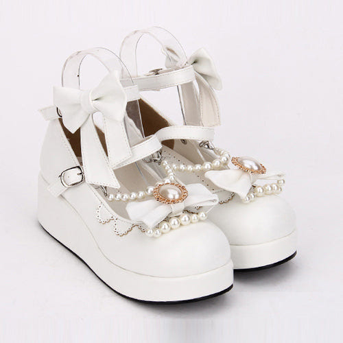 Round toe Bowknot Pearl Chain Classic Lolita Shoes - Product - 3