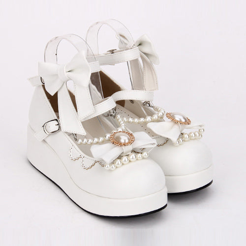 Round toe Bowknot Pearl Chain Classic Lolita Shoes - Product - 3