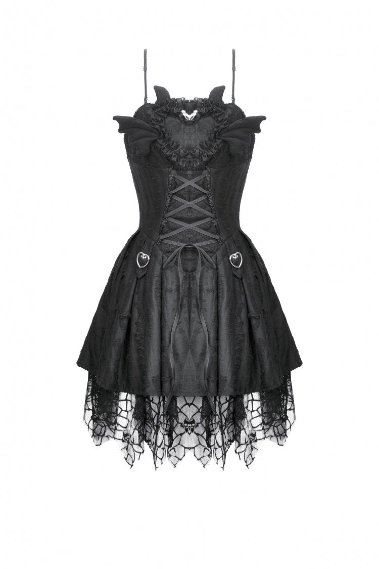 Black Sleeveless Lace Lace-Up Pleated Women's Gothic Dark Demon Slip Dress - Product - 3